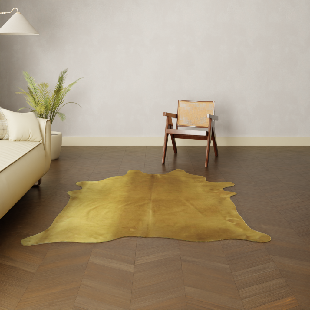 Echtes Rinderfell gefärbt ockergelb Nahaufnahme Textur