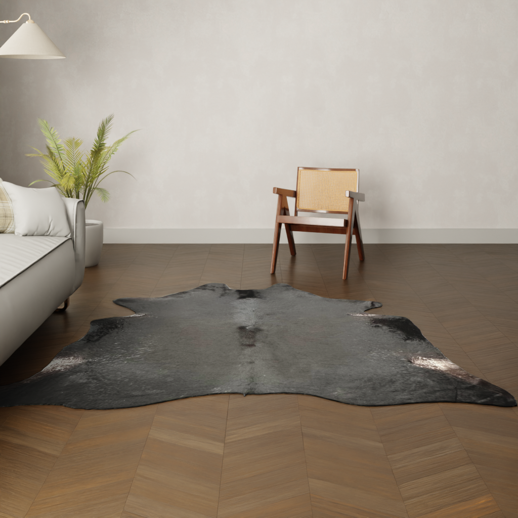 Natürliches Rinderfell schwarz 220x200 cm Nahaufnahme Fell-Muster