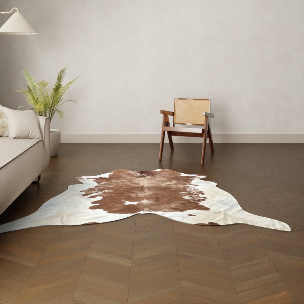 Natürliches Rinderfell braun-weiss gefleckt 210x210 cm Nahaufnahme Fell-Muster