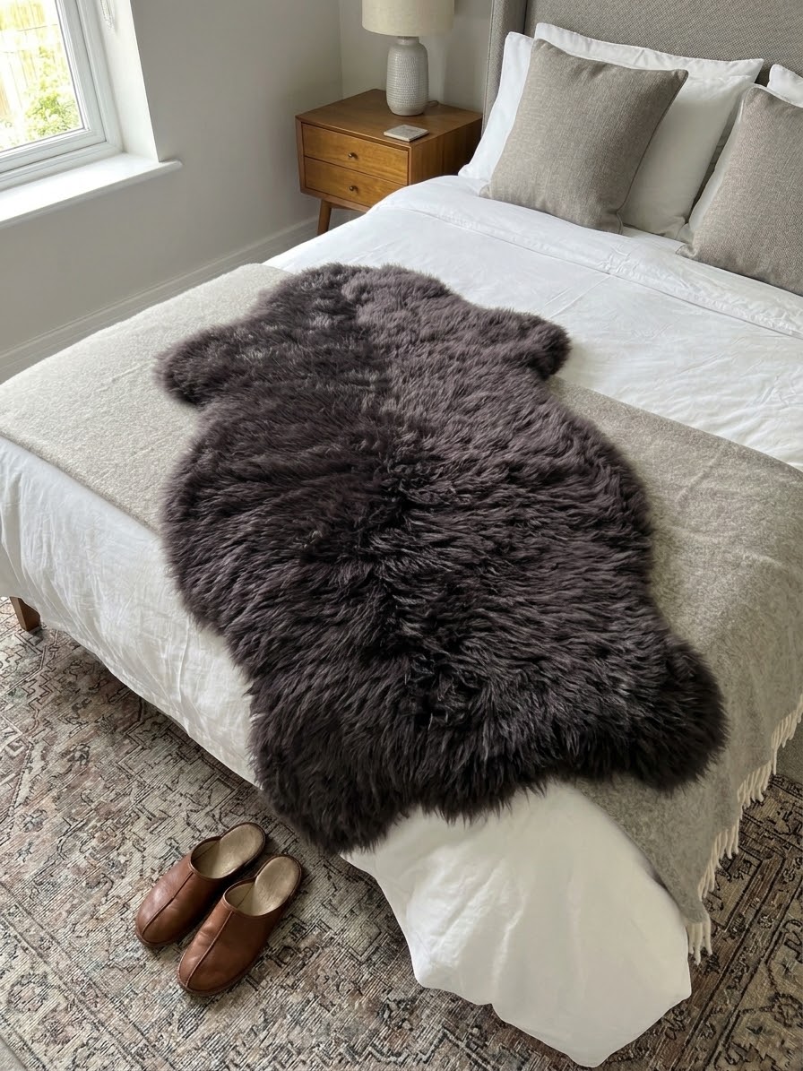 Großes dunkelbraunes Schaffell als kuscheliger Überwurf für das Bett