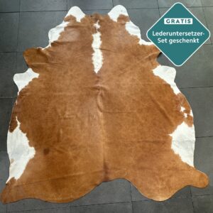 Kuhfell-Teppich Cognac weiß 250x210 cm. RIESIG