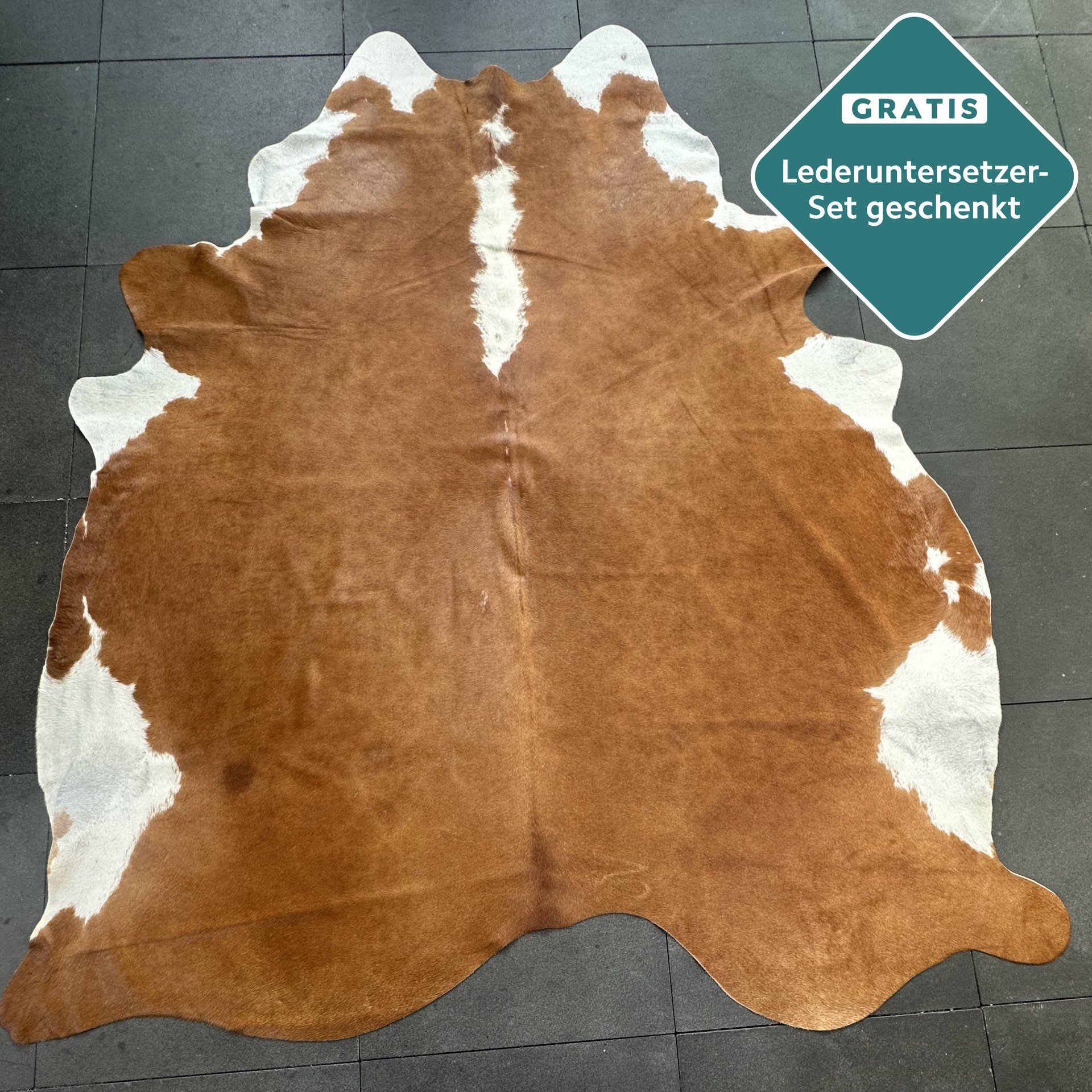 Kuhfell-Teppich Cognac weiß 250x210 cm. RIESIG