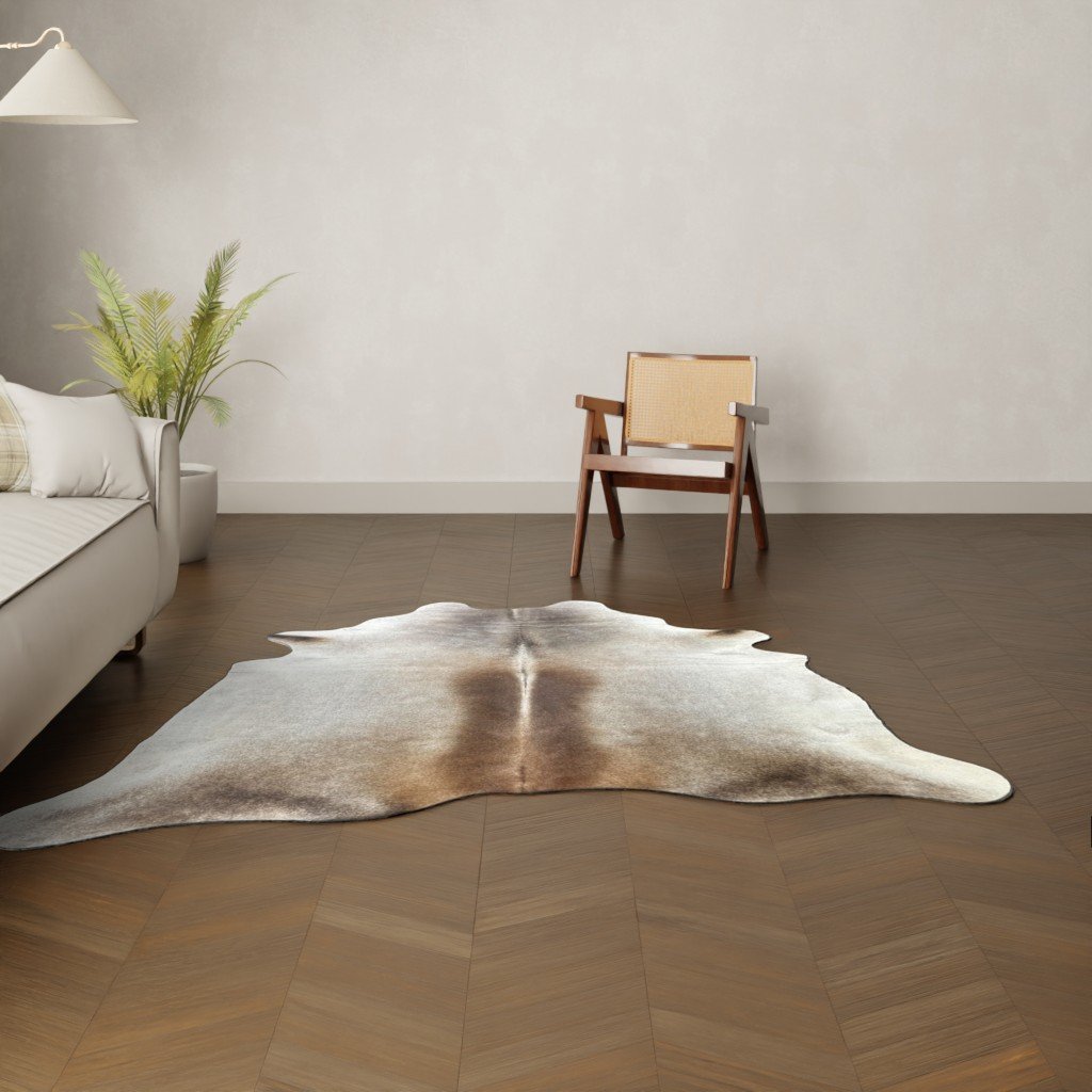 Kuhfell-Teppich dunkelbraun grau 210x190 cm. SPEZIAL
