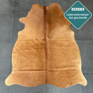 Kleines Kuhfell Teppich dunkel cognac Detailansicht