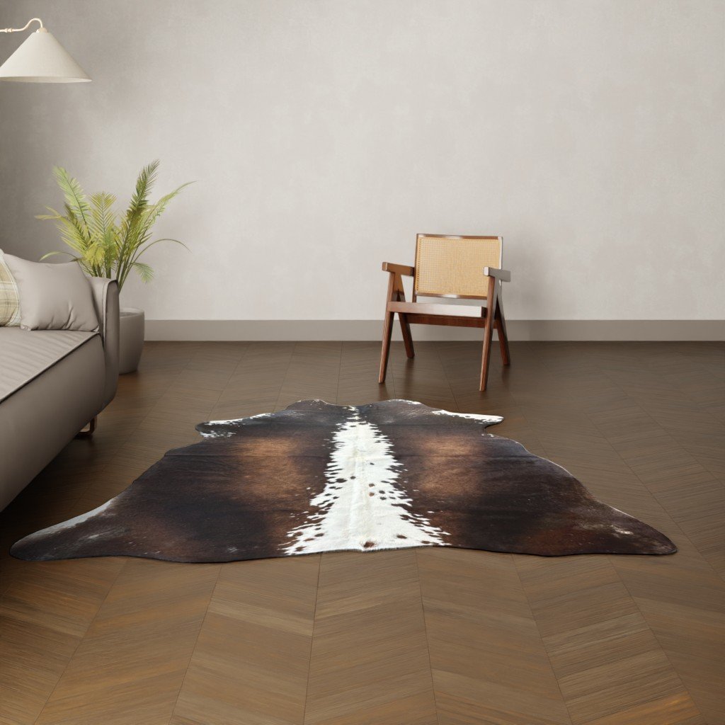 Kuhfell-Teppich dunkelbraun weiß 200x180 cm. KLEIN