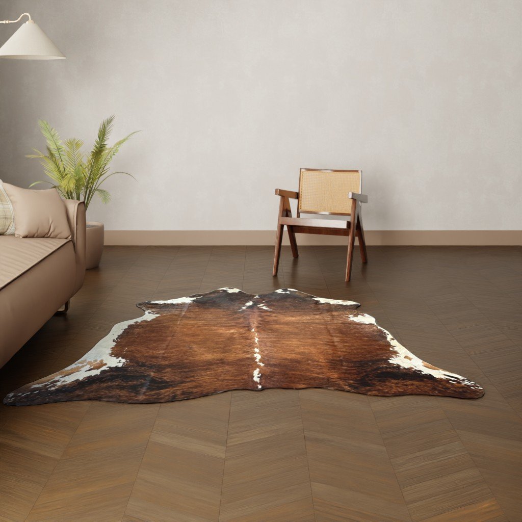 Kuhfell-Teppich dunkelbraun weiß 200x180 cm. KLEIN