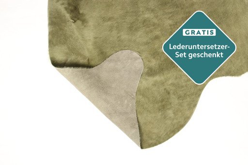 Echtes Rinderfell olivgrün Rückseite und Verarbeitung