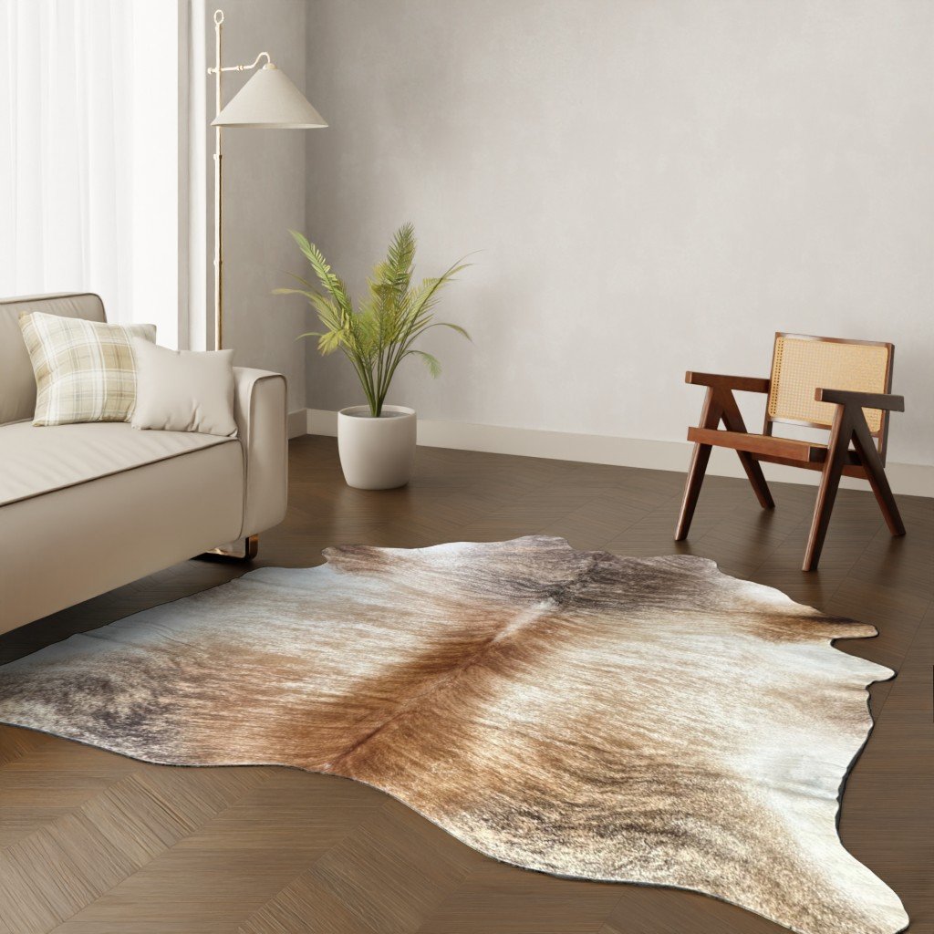 Kuhfell-Teppich hellbraun beige weiß 250x210 cm. RIESIG