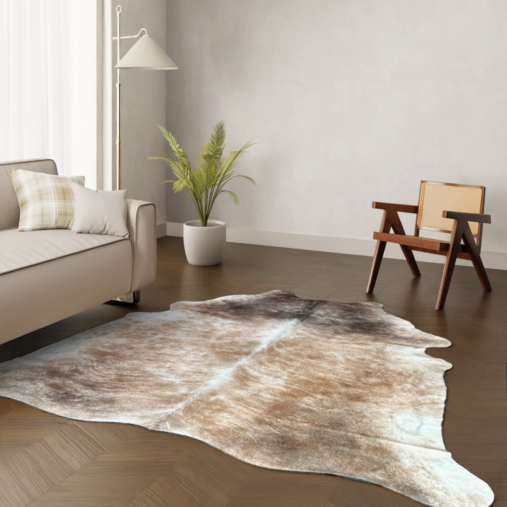 Kuhfell-Teppich hellbraun beige weiß 250x210 cm. RIESIG