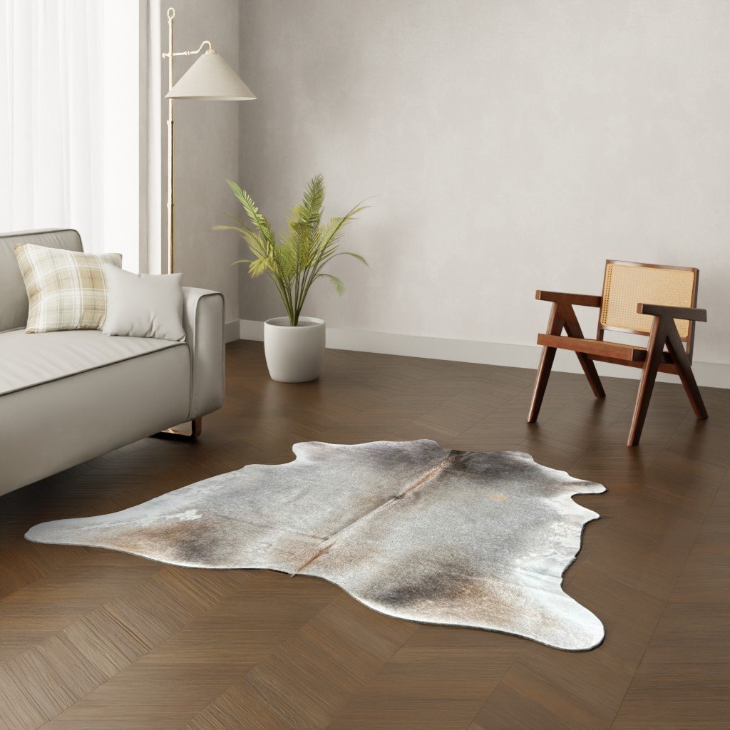 Kuhfell-Teppich taupe grau 190x190 cm. KLEIN