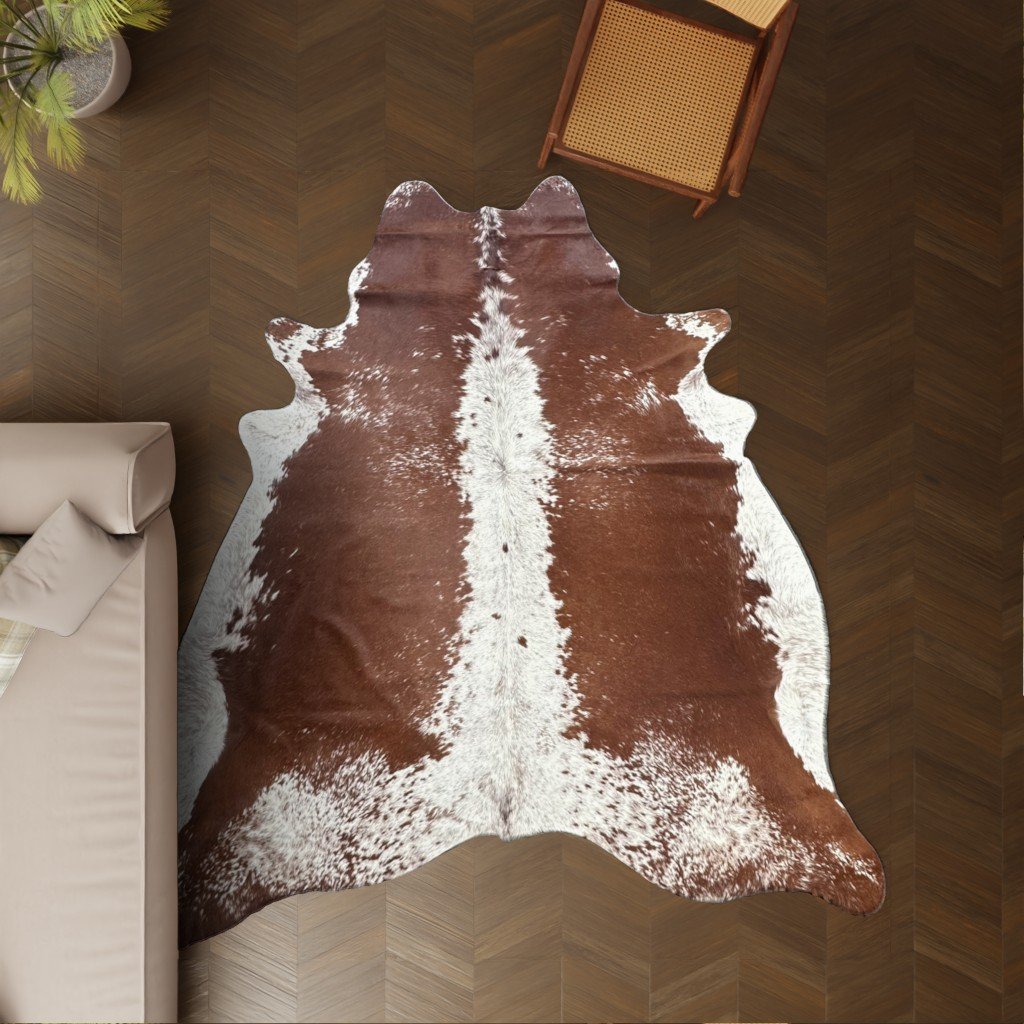Kuhfell-Teppich braun-weiß 250x190 cm. RIESIG