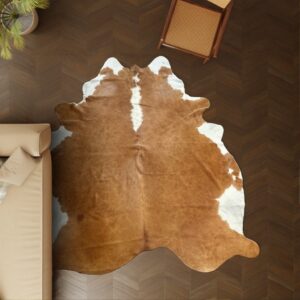 Kuhfell-Teppich Cognac weiß 250x210 cm. RIESIG