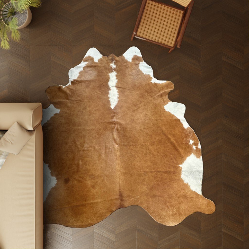 Kuhfell-Teppich Cognac weiß 250x210 cm. RIESIG