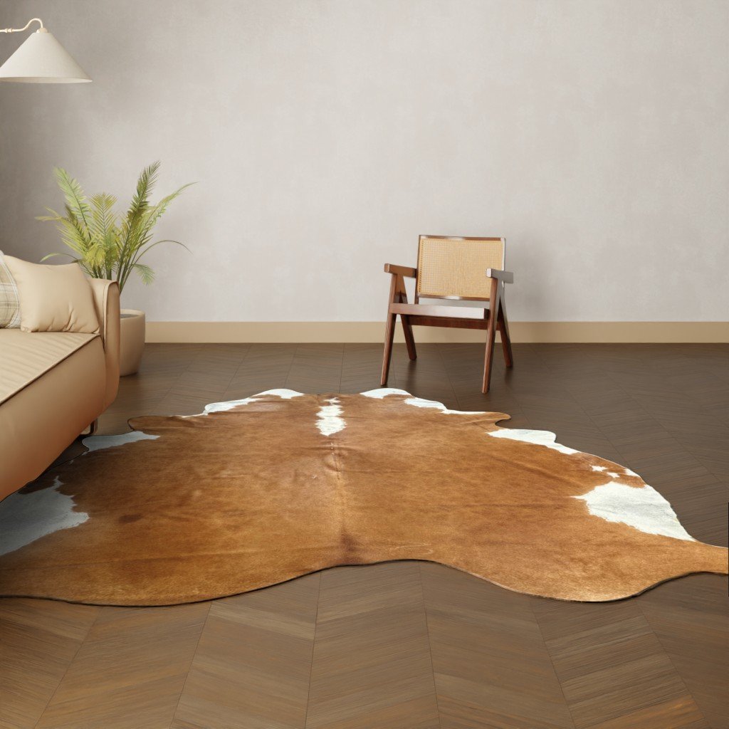 Kuhfell-Teppich Cognac weiß 250x210 cm. RIESIG